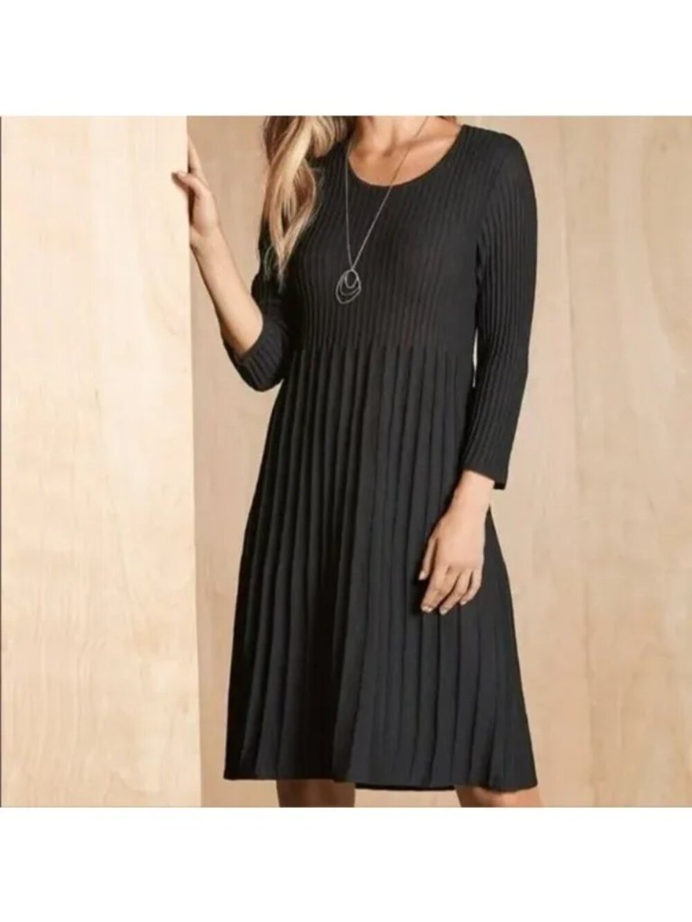 Eileen Fisher Black Pleated Wool Dress, Size XS